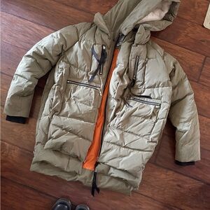 Olive Green Puffer Jacket with Orange Lining
